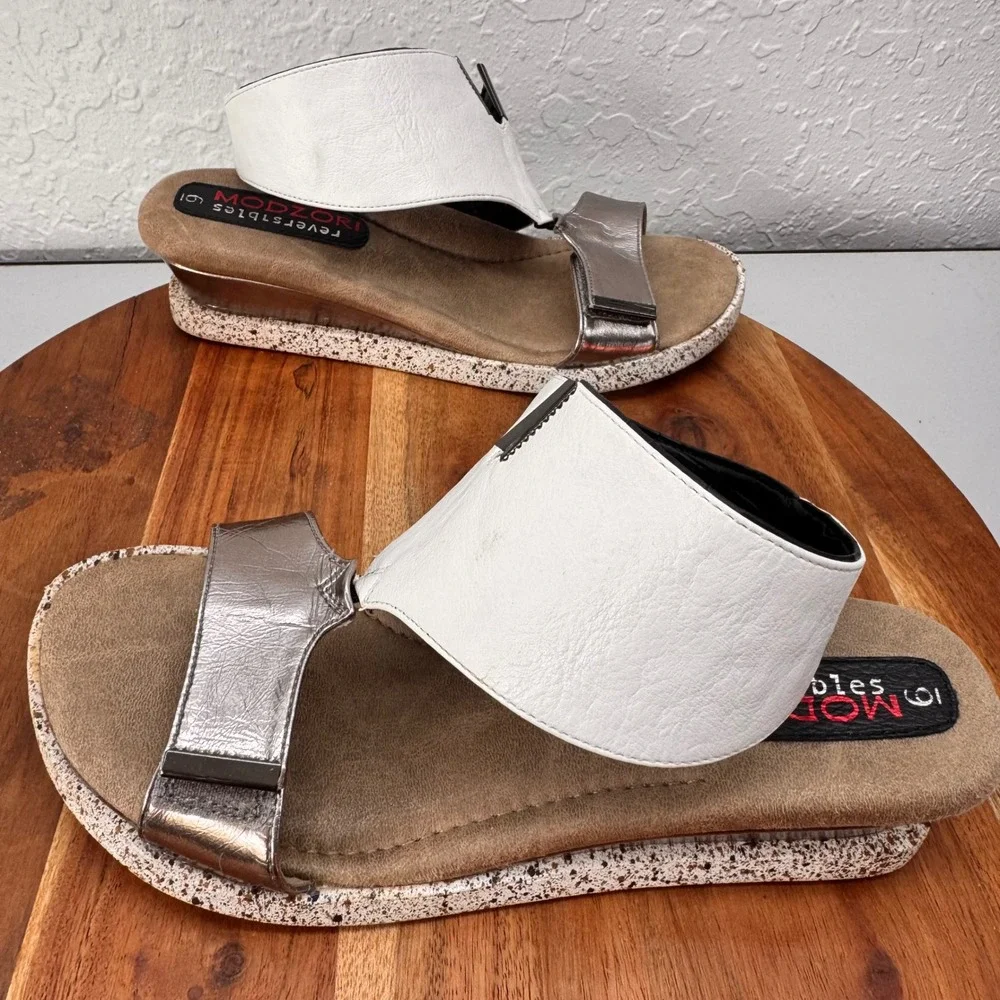 Modzori Reversible Wedge‎ Sandals Womens 9 Black White Silver Metallic Woven
